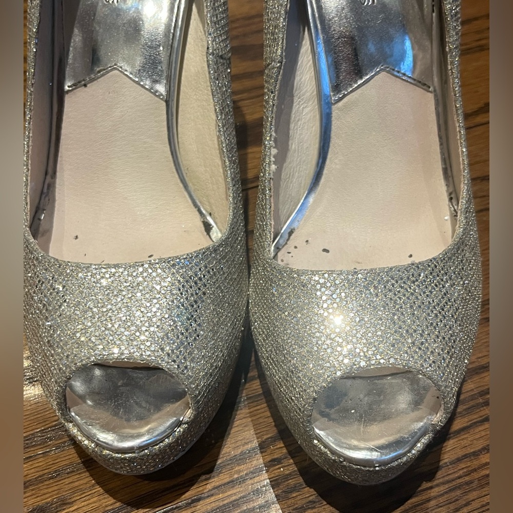 Michael Kors Glittering Silver Peep Toe Heels - Picture 5 of 15